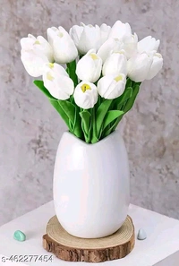 Purple PCENFAP090 Leaf 5PCs Artificial Flower White Tulip Flowers Sticks For Gifting Decorative Items Home Decor,Office, Bedroom, Balcony,Living Room Corner Table Top Bedroom Wedding Party Festive   - White