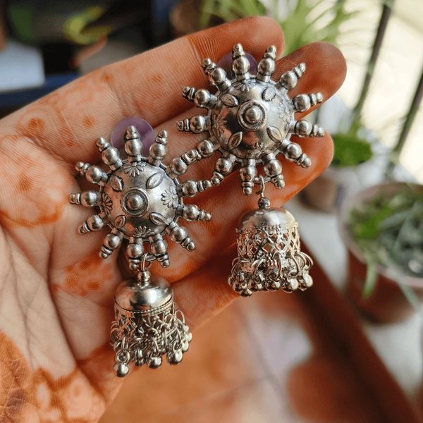 Chakra Silver Jhumka Earrings: With Silver Beads