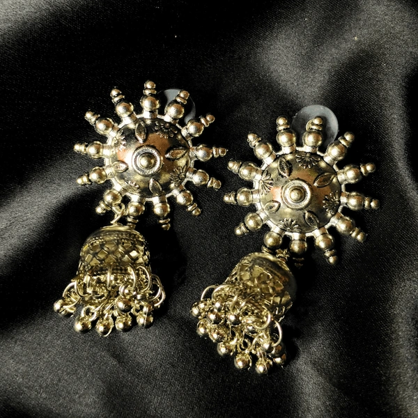 Chakra Silver Jhumka Earrings: With Silver Beads