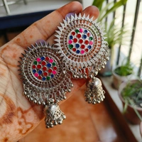Set of 10 Silver Ethnic Jhumka Earrings with Free set of 2 Pendants Necklace Included
