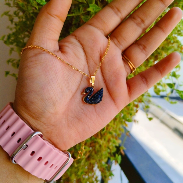 Set of 2 Rose Gold Plated and Black Swan Pendant Necklace for Women