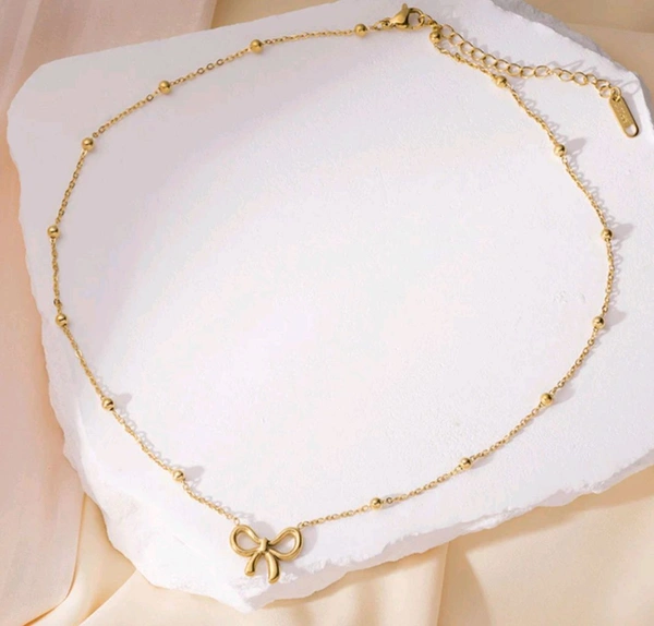 GOLDEN BOW BEADED NECKPIECE ( ANTI TARNISH - STAINLESS STEEL) 