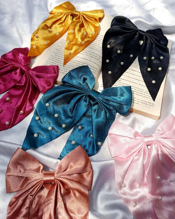 PEARL STUDDED SATIN BOWS - Rubber Band Style  - Brown