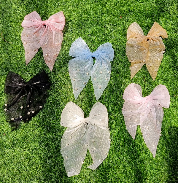 SHIMMER ORGANZA STONE & PEARL STUDDED BOWS - Alligator Clip Style  - Coffee
