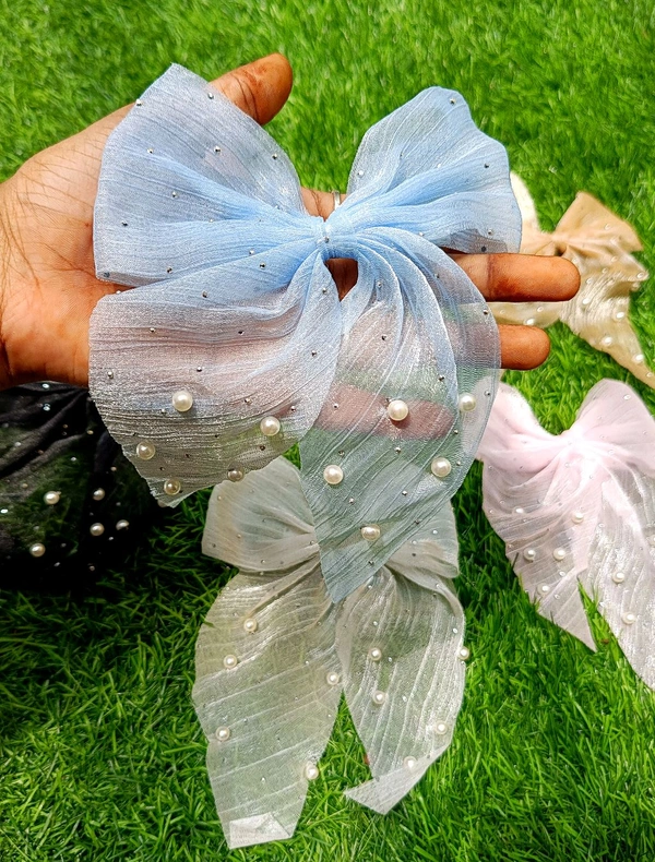 SHIMMER ORGANZA STONE & PEARL STUDDED BOWS - Alligator Clip Style  - Cream