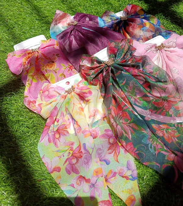 FLORAL ORGANZA LONG BOWS - Alligator Clip Style  - Light Pink