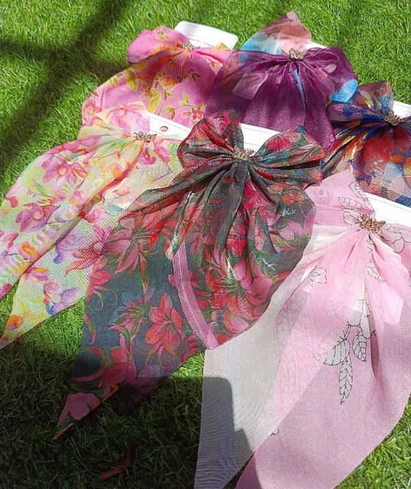 FLORAL ORGANZA LONG BOWS - Alligator Clip Style  - Light Pink