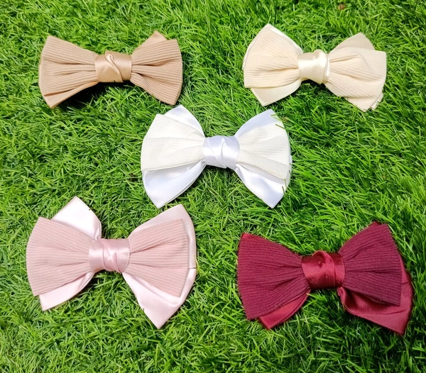 RIBBED SATIN BOWS - Alligator Clip Style  - White