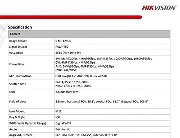 HIKVISION 5 MP Indoor Dome CCTV Camera with inbuilt Audio Mic DS-2CE76H0T-ITPFS White Wired, 1080P