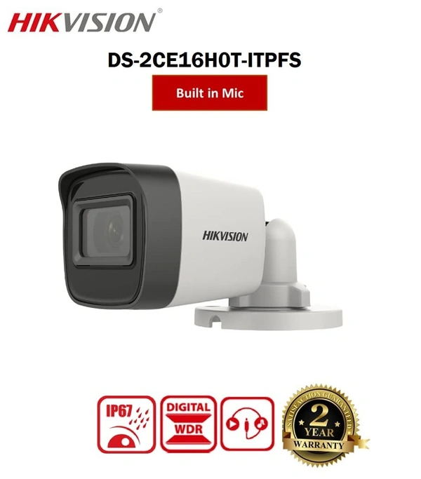 HIKVISION 5 MP Outdoor Bullet CCTV Ethernet Camera with inbuilt Audio Mic IP67 DS-2CE16H0T-ITPFS