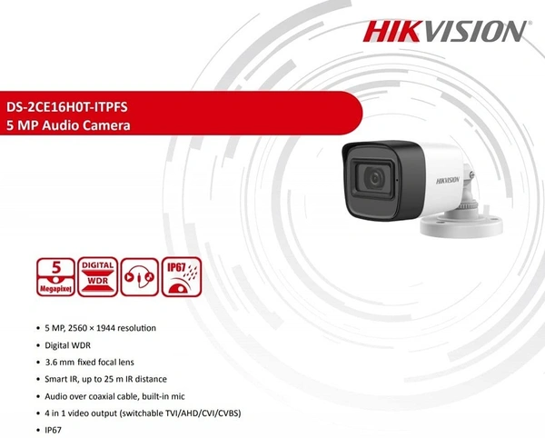 HIKVISION 5 MP Outdoor Bullet CCTV Ethernet Camera with inbuilt Audio Mic IP67 DS-2CE16H0T-ITPFS