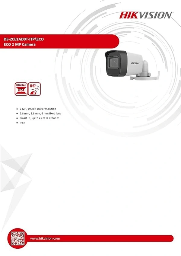 HIKVISION 2MP Outdoor ECO Bullet Wired CCTV 1080p Camera [DS-2CE1AD0T-ITP/ECO] for 2MP & Above DVR, White