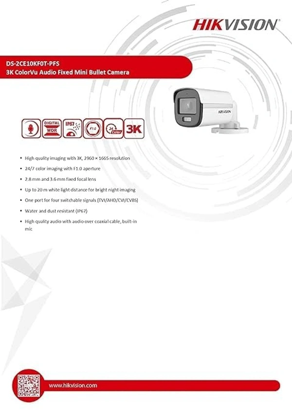 HIKVISION 5MP/3K ColorVu Audio Fixed Mini Bullet Camera DS-2CE10KF0T-PFS