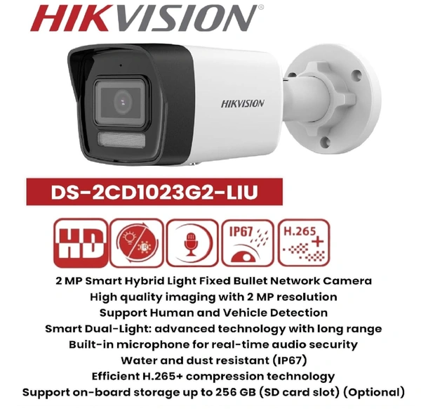 HIKVISION 2 MP Wireless 1080P Smart Hybrid Light Outdoor Bullet Network IP CCTV Camera Built-in Mic with Day/Night Color Vision, Motion Detection [DS-2CD1023G2-LIU] 