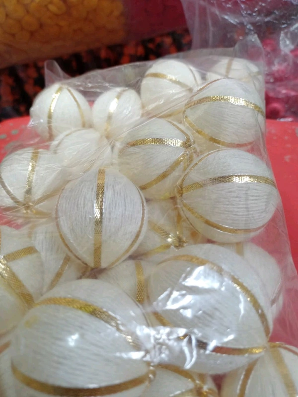 Woolen Ball With Golden Strip (Pack Of 25) - White, Big