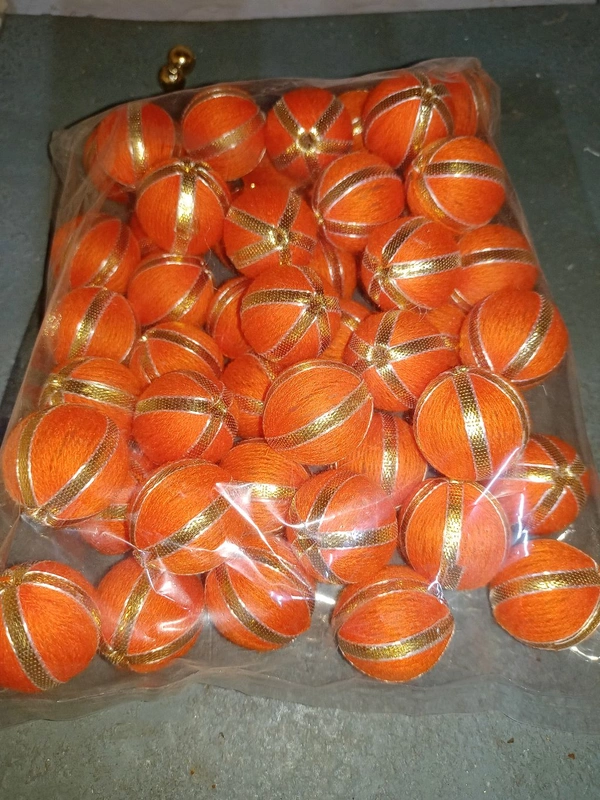 Woolen Ball With Golden Strip (Pack Of 25) - Red, Small