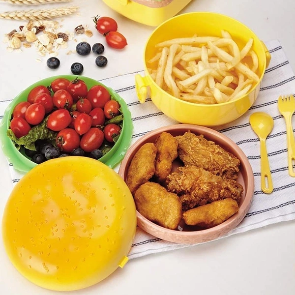 Burger Shape Lunch Box Plastic Lunch Box Food Container Sets Double Layer Lunchbox 1000ml With 2 Spoon Applicable to Kids and Elementary School Students BX5313