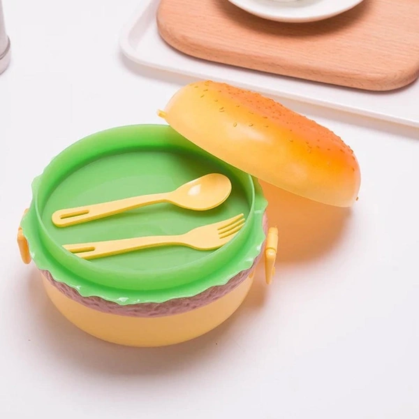 Burger Shape Lunch Box Plastic Lunch Box Food Container Sets Double Layer Lunchbox 1000ml With 2 Spoon Applicable to Kids and Elementary School Students BX5313