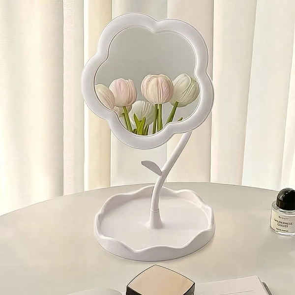 Flower-Shaped Makeup Mirror, Rotatable Makeup Mirror with Tray Table Vanity BX15256
