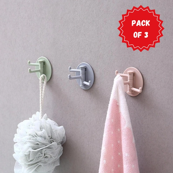 Sticky Hook Household Strong Punch-Free Hook, 180°Foldable Multi-Function Rotatable Hook with 3 Hooks, Suitable for Bathroom, Office (3 Pc) BX4142