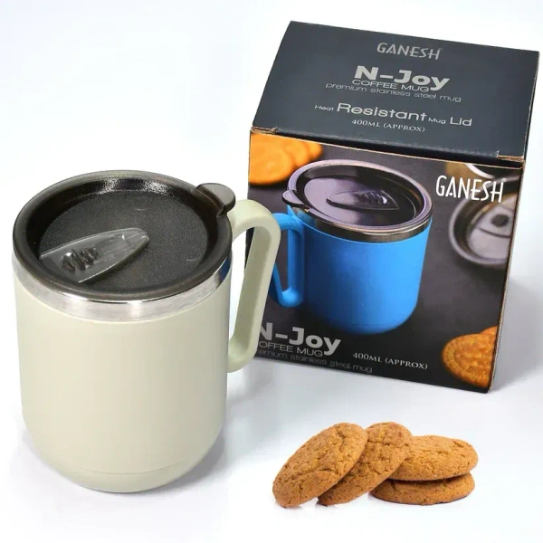 Ganesh Premium Stainless Steel Coffee Mug With Heat Resistant Mug Lid. Approx 400Ml Mug.