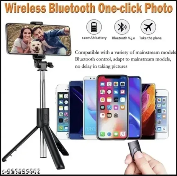 R1 Bluetooth Selfie Stick with Remote, 3-in-1 Multifunctional Selfie Stick, Tripod, Monopod Stand & Mobile Stand Compatible with All Mobile Phones Bluetooth Selfie Stick (Black, Remote Included)