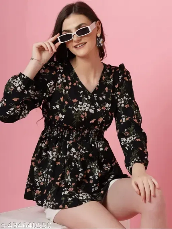 Honky Tonky Black Floral Print Peplum Top - XS