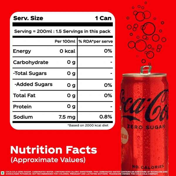 Coca-Cola Zero Sugar, No Calories Soft Drink Can, 300 Ml  - 300ml, coco cola