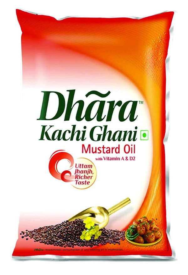 Dhara Kachi Ghani Mustard Oil (0% Trans Fat), 1 L Pouch - 1 Ltr, Dhara