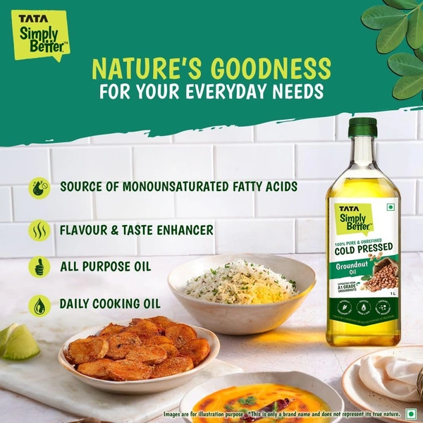 Tata Simply Better Pure & Unrefined Cold Pressed Groundnut (Peanut) Oil,Naturally Cholesterol Free,1L,Groundnut - 910g, tata