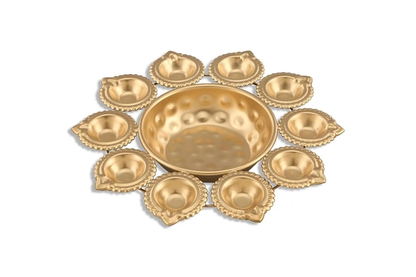 Golden Diya Urli Bowl – Handcrafted Iron Flower Decor (10 Inch, 10 Diyas) - 14L x 14W x 5H Centimeters, R Ayurveda Copper