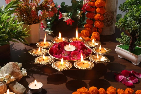 Golden Diya Urli Bowl – Handcrafted Iron Flower Decor (10 Inch, 10 Diyas) - 14L x 14W x 5H Centimeters, R Ayurveda Copper