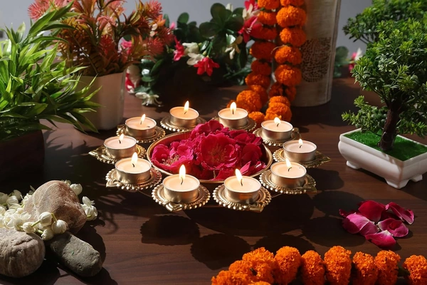 Golden Diya Urli Bowl – Handcrafted Iron Flower Decor (10 Inch, 10 Diyas) - 14L x 14W x 5H Centimeters, R Ayurveda Copper