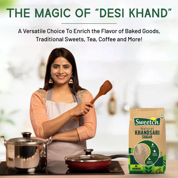 Sweetch Natural Khandsari (Desi Khand) Sugar – 1Kg | Unrefined, Low GI & Chemical-Free - 1kg, Sweetch