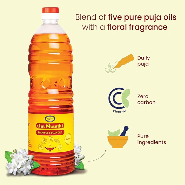Om Shanthi Pooja Oil (पंच पूजा तेल) , Blend Of 5 Puja Oils With Jasmine Fragrance - 1 Liter - 1 Liter, Cycle Pure