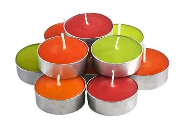 Mixed Color Tea Lights Candles (रंगीन टी लाइट मोमबत्ती ) - 12 Numbers - 3 Hour Smokeless Burn - 12 Nos