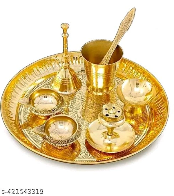Brass Puja Thali Full Set। Golden Puja Full Set For Home,Office, Gifts Etc। - Pirate Gold, Free Size