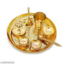 Brass Puja Thali Full Set। Golden Puja Full Set For Home,Office, Gifts Etc। - Pirate Gold, Free Size