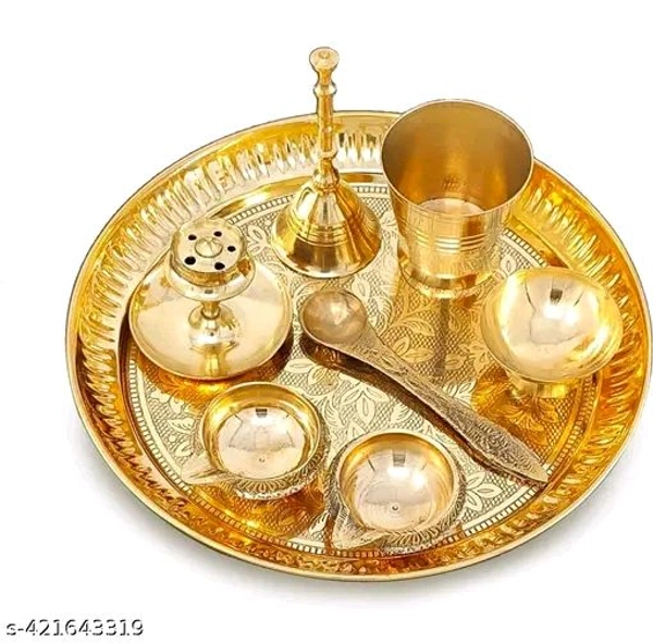 Brass Puja Thali Full Set। Golden Puja Full Set For Home,Office, Gifts Etc। - Pirate Gold, Free Size