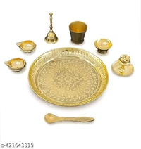 Brass Puja Thali Full Set। Golden Puja Full Set For Home,Office, Gifts Etc। - Pirate Gold, Free Size