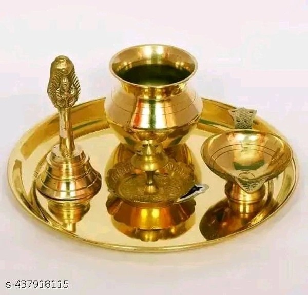 Puja Full Set Golden Plate,Diya,Ghanti,Kalsh। Brass Full Puja Set।Puja  - Pirate Gold, Free Size