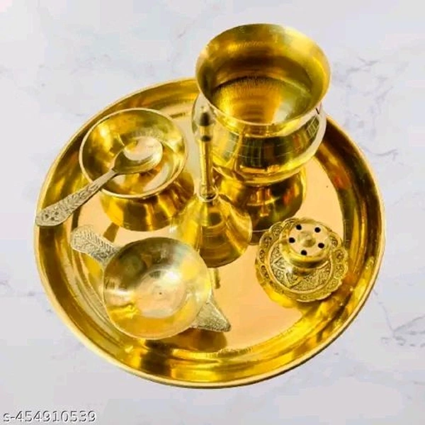 Brass Puja Thali Full Set। Diya,Chammach Katora,Ghanti,Lotki,Or Plate Combo Pack।  - Pirate Gold, Free Size