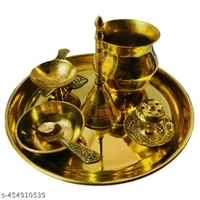 Brass Puja Thali Full Set। Diya,Chammach Katora,Ghanti,Lotki,Or Plate Combo Pack।  - Pirate Gold, Free Size