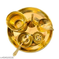 Brass Puja Thali Full Set। Diya,Chammach Katora,Ghanti,Lotki,Or Plate Combo Pack।  - Pirate Gold, Free Size