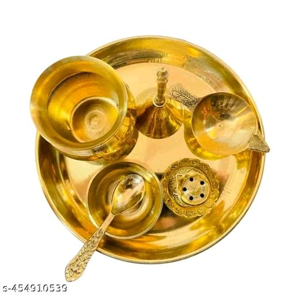 Brass Puja Thali Full Set। Diya,Chammach Katora,Ghanti,Lotki,Or Plate Combo Pack।  - Pirate Gold, Free Size