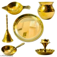 Brass Puja Thali Full Set। Diya,Chammach Katora,Ghanti,Lotki,Or Plate Combo Pack।  - Pirate Gold, Free Size