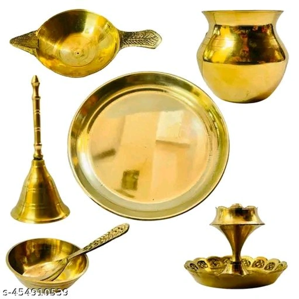 Brass Puja Thali Full Set। Diya,Chammach Katora,Ghanti,Lotki,Or Plate Combo Pack।  - Pirate Gold, Free Size