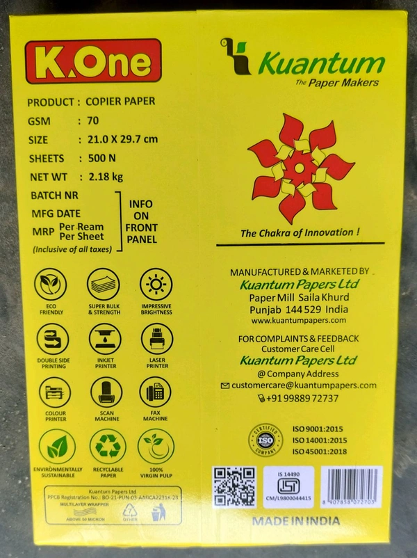K-One A4 Size paper for 70 GSM 1 Rim(500 Sheets)