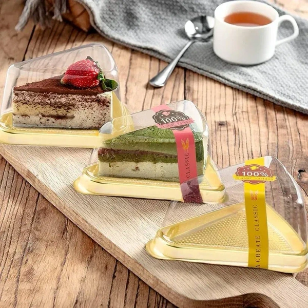The Baking Curv Triangle Pastry Container | Clear Hinged Plastic Clamshell for Cake or Pie Slices - Golden, Pack Of 10
