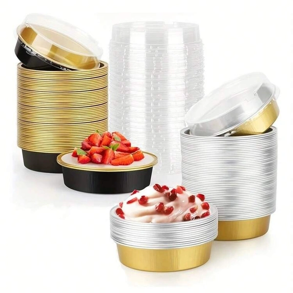 Beta Round Foil Bake & Serve with Lid – Oven-Safe, Disposable, With Dome Lid | The Baking Curv - Golden, Pack Of 50